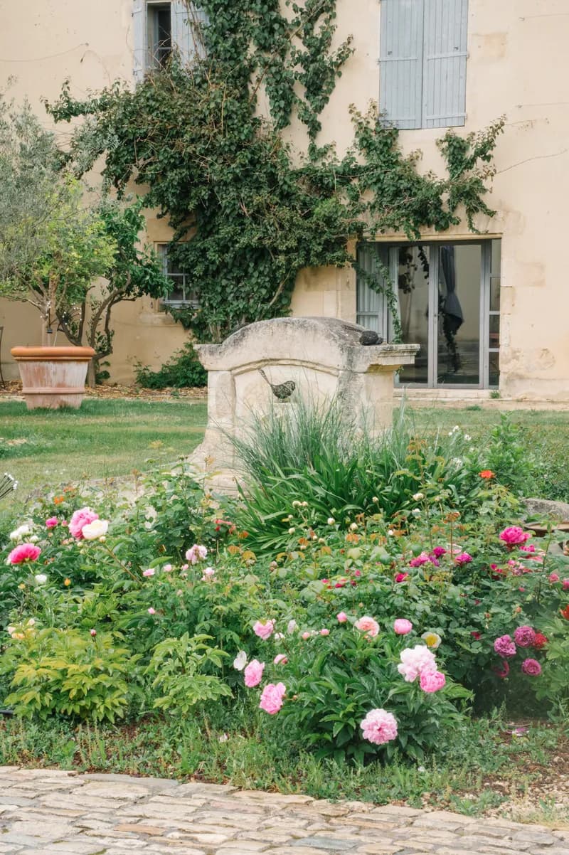 Puits en pierre entouré d'un massif de pivoines et de roses devant la façade