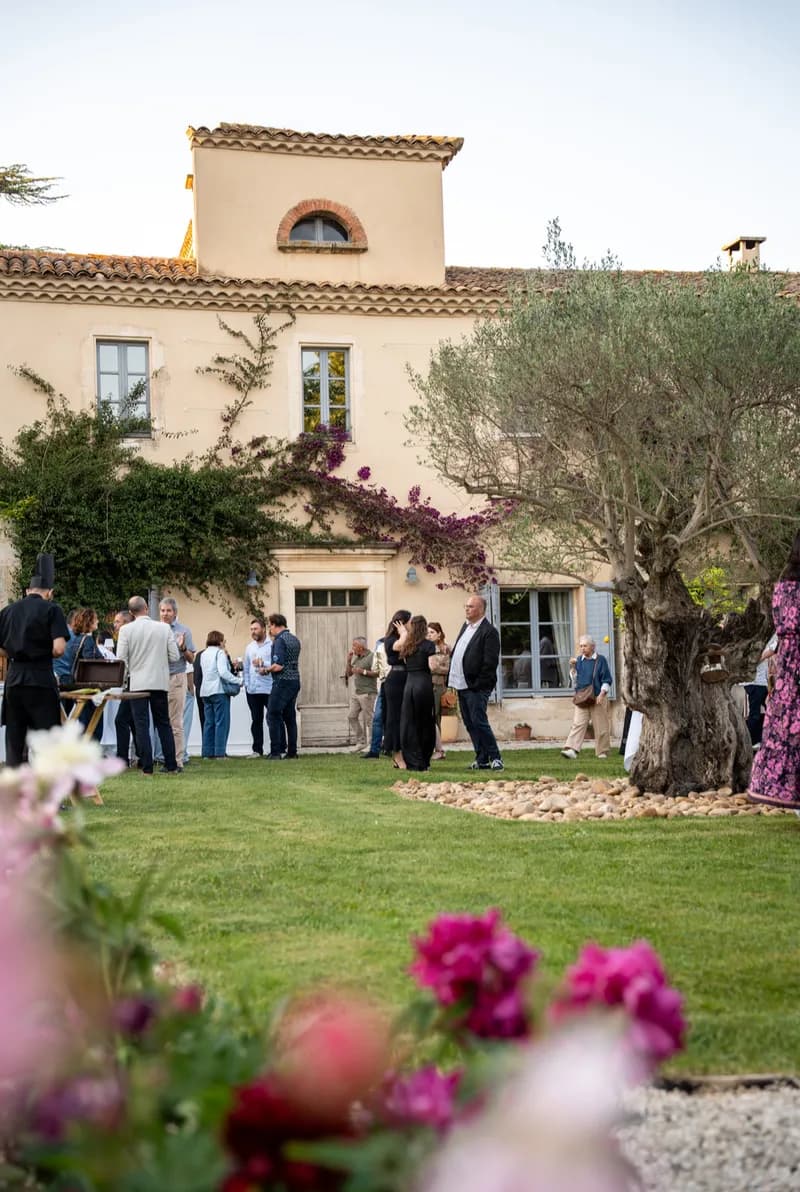 Cocktail sur la pelouse devant la maison, à l'ombre d'un olivier